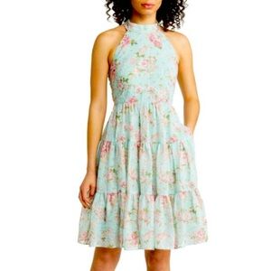 Eliza j NWT FLORAL PRINT FIT & FLARE DRESS IN MINT eyelet high neck